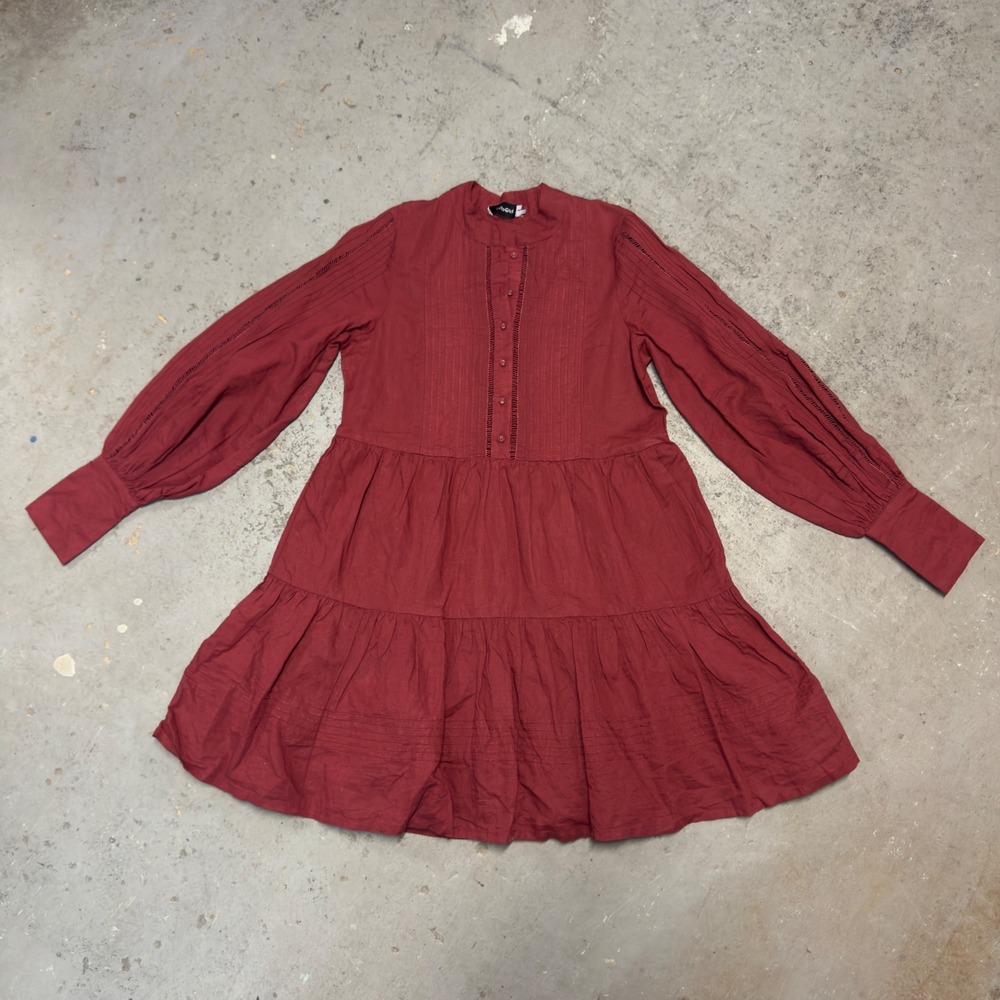 Piper Rust Red Linen Blend Tiered Mini Dress Ladder Lace Bishop Sleeve Size 10